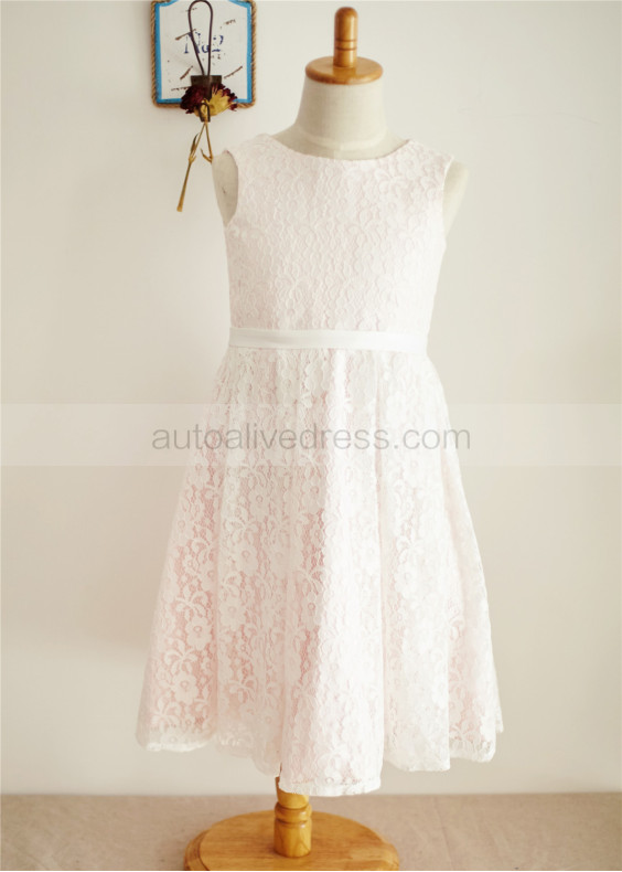 Ivory Lace Pink Lining Knee Length Flower Girl Dress 